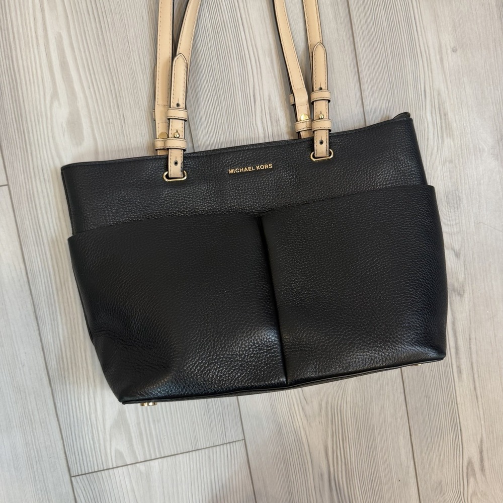 Michael Kors Bedford Tote Handbag Black Pebble Leather Shoulder Purse w/ Pockets - Picture 2 of 16